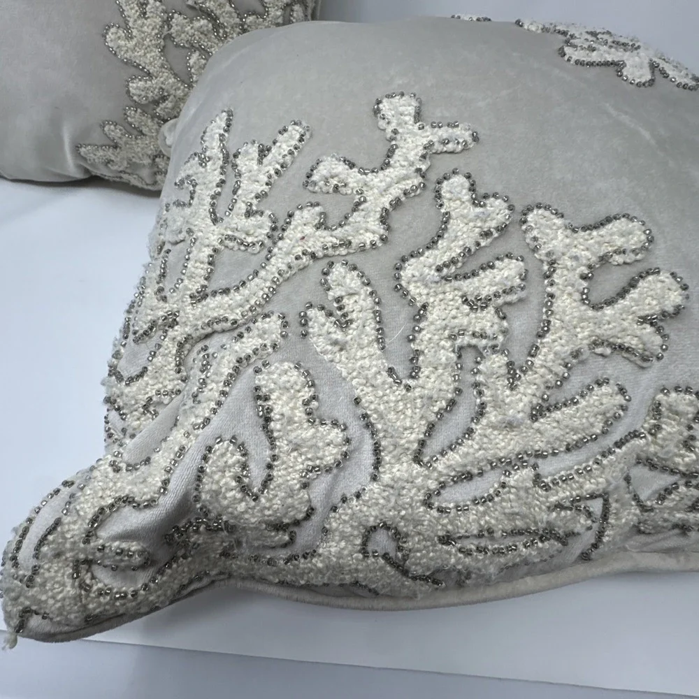2 Pier 1 Coral Reef Beaded Throw Pillows gray ivory beach coastal nautical ocean